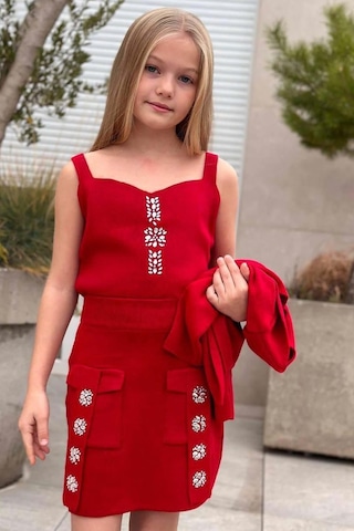 Riccotarz Kız Çocuk Askılı Bluz Hırka Ve Elmas Taş İşlemeli Cepli Bordo Triko Etekli Takım Bordo