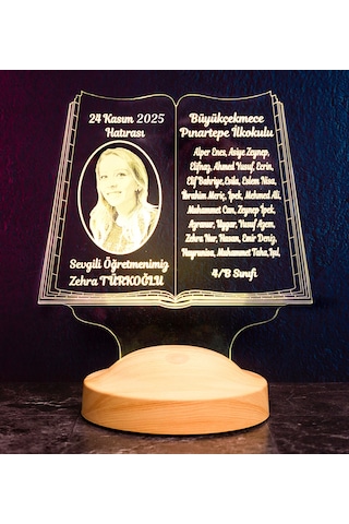 Öğretmene Özel Fotoğraflı 3D LED Lamba - Kitap Şeklinde Kişiye Özel, Mezuniyet Hatırası ve Öğretmenler Günü Hediyesi