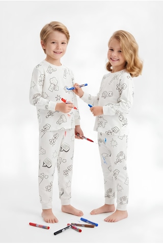 Bunny Hopp Çocuk Boyanabilir Uzun Kollu Pijama Takımı %100 Pamuk Yıkanabilir Ve Tekrar Boyanabilir Penye 6'lı Kalem Hediye Beyaz