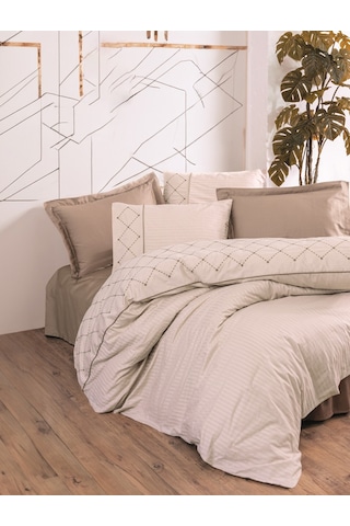Cotton Box Nakışlı Saten Çift Kişilik Nevresim Takımı Afra Bej