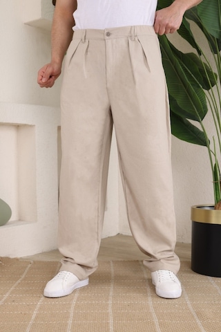 Erkek Beli Lastikli Pileli Baggy Pantolon Bej