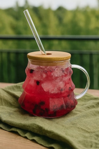 400 Ml Bambu Kapaklı Borosilikat Cam Bardak Silikon Contalı, Pipet Hediyeli, Isıya Dayanıklı Şeffaf