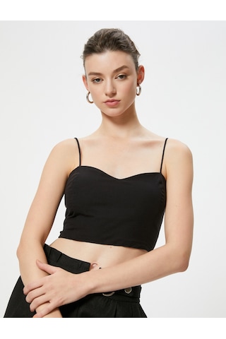 Koton Askılı Crop Üst Kalp Yaka Pamuklu Slim Fit Siyah 4sak30009ew Siyah