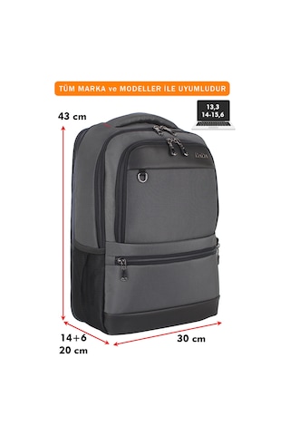 14"-15,6" İnç Körüklü Gri Laptop Sırt Çantası Unisex Su Geçirmez Kumaş Gri