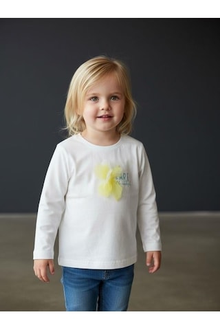 Zekids Kız Bebek Pamuklu Çiçek İşlemeli Yazı Baskılı İnce Uzun Kollu T-shirt-16553 Çok Renkli