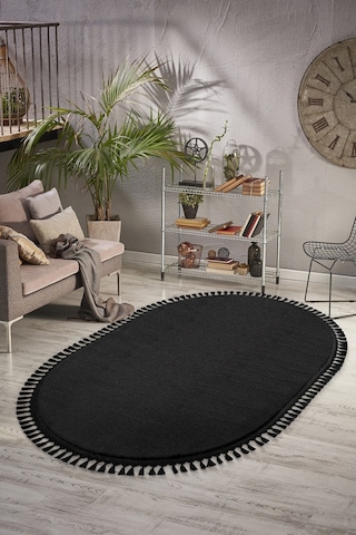 Vl Comfort Puffy Ponpon Saçak Peluş Yıkanabilir Siyah Yolluk Oval Ponpon Saçak