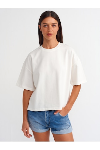 Dilvin Kısa Kollu Pamuklu T-shirt Ekru