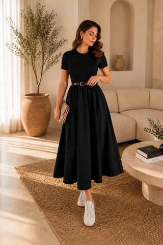 Unika Boutique Kadın Kemerli Poplin Midi Elbise Siyah
