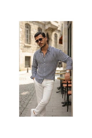 Butik İstanbul Erkek Dikey Çizgili Yarım Oversize Gömlek Lacivert