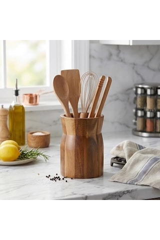 Doğal Akasya Ahşap Tezgah Üstü Kaşıklık, 9.5x13 Cm Çok Amaçlı Düzenleyici Organizer, Minimalist Mutfak Gereçleri Kutusu Açık Ahşap