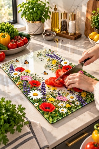 Gökçeoğlu Cam Kesme Tahtası Çiçek Bahçesi Temalı - Cam Kesme Tablası 30cm X 40cm Çok Renkli