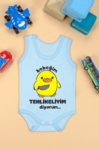 Bebe Tospik Pamuklu Tehlikeliyim Diyorum Baskılı Çıtçıt Body Zıbın Mavı Açık Mavi