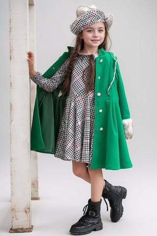 Riccotarz Kız Çocuk Kazayağı Desen Elbise Kolları Peluş Ve Omuzları İnci İşleme Kemerli Yeşil Kaşe Kaban Yeşil