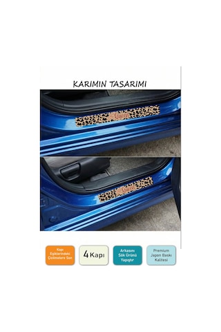 Queen Yazılı Leopar Desenli Karbon Kapı Eşiği Koruyucu Seti 4 Kapı Kadınlara Özel Premium Sticker