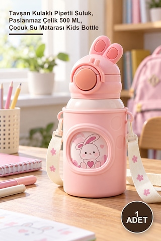 1 Adet Çocuk Termosu Tavşan Kulaklı Pipetli Suluk, Paslanmaz Çelik 500 Ml, Çocuk Su Matarası Kids Bottle