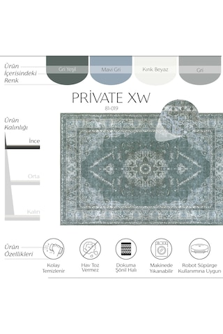 Cool Halı Private Xw Yeşil Gri Eskitme Vintage Yıkanabilir Kaymaz İnce Şönil Soft Şık Salon Halısı Gri Yeşil