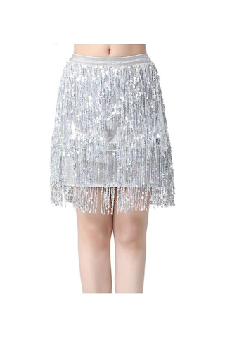 Fastbuy Kadınlar İçin Homyl Parti Rave Payet Püskül Etek Boho Moda Arjantin Gri Gri