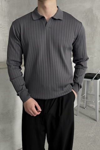 Erkek Polo Yaka Fitilli Oversize Triko Kazak Antrasit