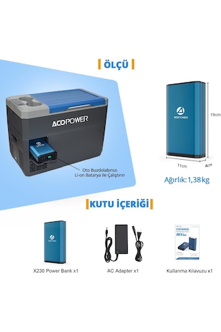 Acopoer X230 14.8Volt 13Amper Li-ion Yedek Buzdolabı Aküsü + Powerbank + LED Lamba