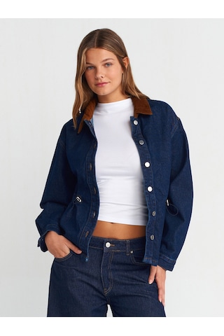 Dilvin 65359 Yakası Kadife Rins Yıkama Denim Mont Lacivert