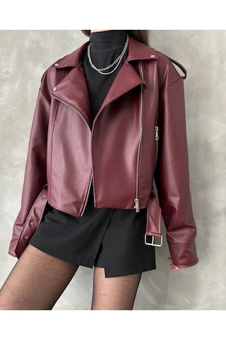 Prifaldi Suni Deri Crop Bıker Ceket Bordo