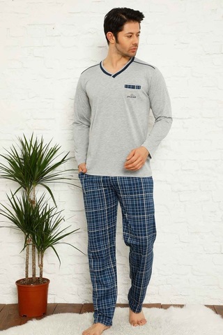 Farya Home Dreamy Ekoseli Kısa Kollu V Yaka Cepli Erkek Pijama Takımı Gri Lacivert Gri - Lacivert