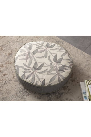Gri Yaprak Desenli Taşınabilir Dekoratif Yer Minderi Puf 60x60cm