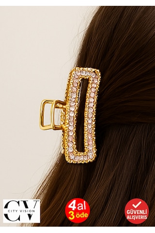 7 Cm Taşlı Eliptik Gold Saç Tokası Işıltılı Ve Zarif Metal Mandal Toka Altın