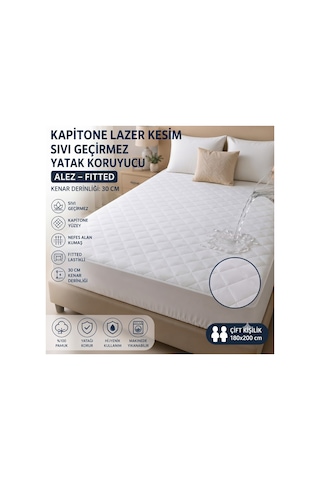 Lazer Kesim Kapitone Sıvı Geçirmez Yatak Alezi Yatak Koruyucu Battal Bot 180x200 Beyaz