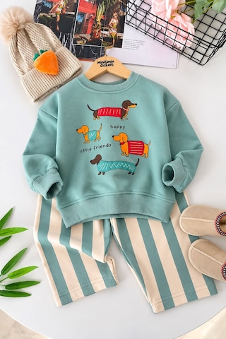 Minigimin Cicileri Sevimli Köpek Baskılı Sweatshirt Çizgili Bol Paça Kız Çocuk 2 Li Takım - Mint Diğer