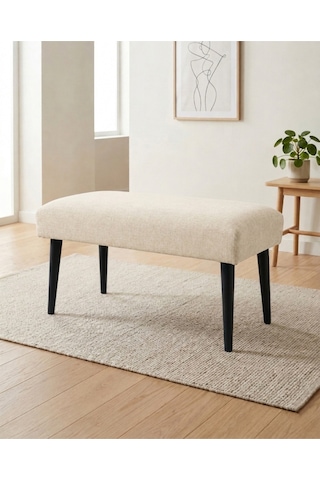 Krem Keten Kumaş Bench Puf 90x45x46 Cm Ahşap Siyah Ayaklı Demonte Modern Yatak Ucu Bench Oturma Bankı Antre Koridor Pufu