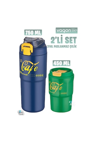Vagonlife 2'li Çelik Termos-kahve Bardağı Seti 750ml Çift Kullanım Termos//450ml Mug Kahve Bardağı Lacivert - Yeşil