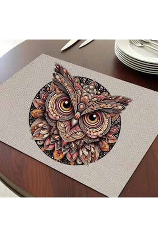 Renkli Baykuş Tasarımlı Amerikan Servis, Tabak Altlığı & Şık Masa Dekoru, Ev Hediyesi, 2 Adet Krem