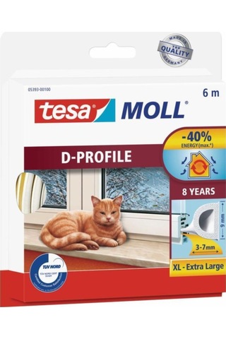 Tesamoll D-profil Kapı Pencere İzolasyon Bandı, 6mx9mmx7mm, Beyaz + Kapı Altı Hava Akımı Önleyici Fırça, 1mx37mm