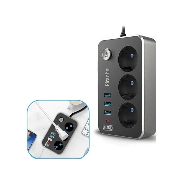 Isıya Dayanıklı Termal Akım Korumalı 2 Mt 10a 2500w 3lü Priz Ve 3 Usbi 2.1a Uzatma Kablosu 0.7 M