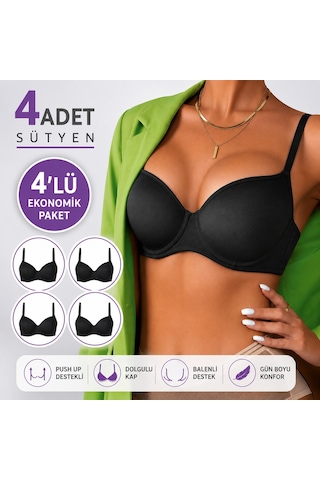 Panivue Kadın Push Up Sütyen Destekli Dolgulu Balenli Gün Boyu Konfor Ve Doğal Dolgunluk Siyah