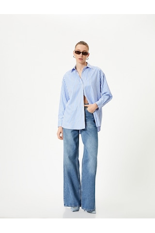 Koton Oversize Gömlek Düğmeli Uzun Kollu Mavi Çizgili 4sak60312pw Mavi