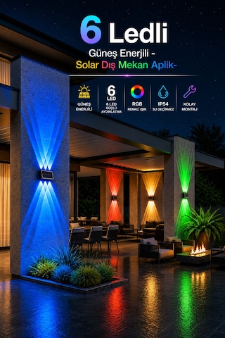 2 Adet Güneş Enerjili Rgb Solar Aplik 6 Led, Renkli Işıklı Otomatik Yanan Dış Mekan Duvar Lambası, Bahçe Balkon Teras Aydınlatması