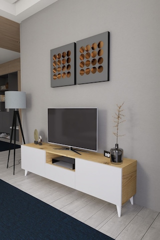 Bravix Modern Tv Ünitesi 3 Bölmeli Tv Sehpası Gövde Çam Kapaklı Beyaz - Antrasit