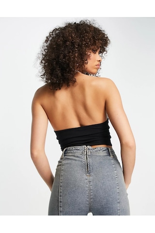 Liona Kadın Halter Yaka Siyah Crop Top Bluz 001
