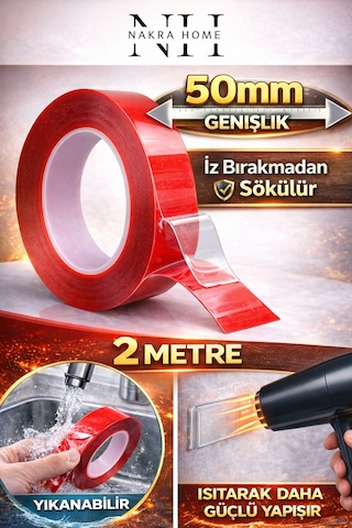 Çift Taraflı Silikon Bant İz Bırakmaz Şeffaf Bant Süper Güçlü Duvar Çerçeve Taşıyıcı 50 Mm X 2 M