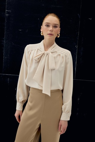 Sateen Aksesuar Detaylı Fularlı Bluz - Bej-137040 Bej