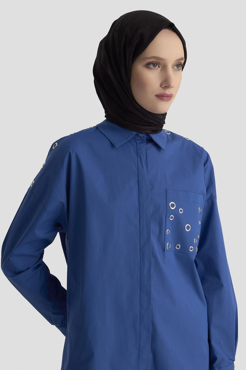 Armine Trend Gizli Düğmeli Kuşgözü Detaylı Gömlek Saks 25kt420 Saks