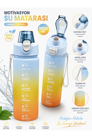 Motivasyon Su Matarası 1100 Ml Zaman Çizelgeli Sızdırmaz Kilitli Taşıma İpli Spor Matara Mavi