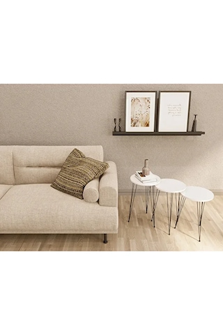 Zigon Sehpa 3'lü Yuvarlak Siyah Tel Ayaklı Beyaz