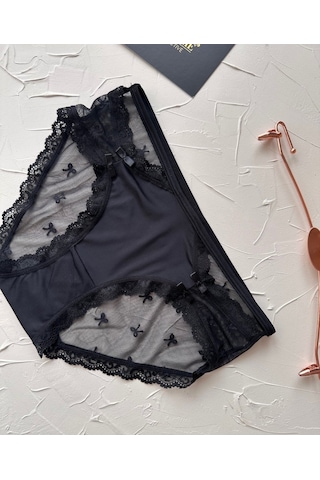 Arya Japon Style Arkası Tül Cut-out Dantel Detaylı Cheeky Külot/s Siyah