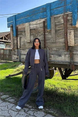 Neşeli Butik Kadın Antrasit Fermuarlı Kışlık Eşofman Takımı Nbg026 Antrasit