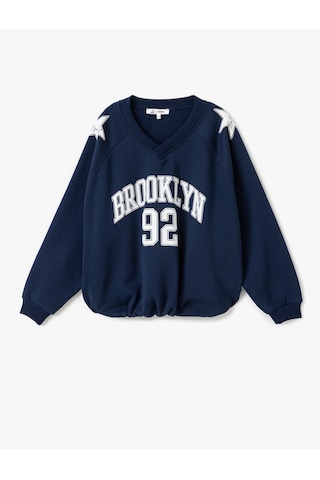 Koton Kolej Baskılı Uzun Kollu Oversize V Yaka Sweatshirt Lacivert 5sal10417ık Lacivert