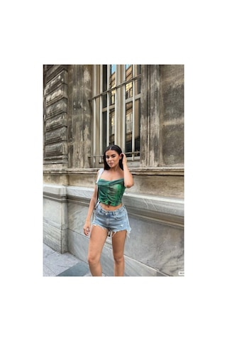 DefyModa Kadın Modern Kayık Yaka Büzgülü Bluz Yeşil