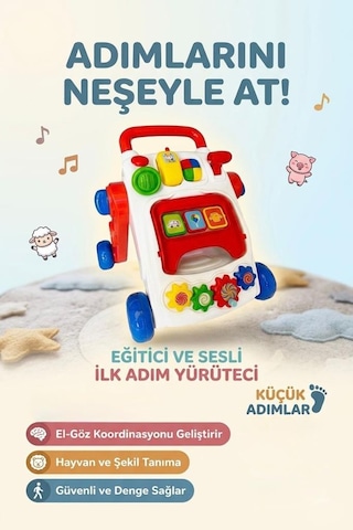 Sesli 3 Dil Seçenekli 2'si 1 Arada Oyuncak İlk Adım Arabası Ve Eğitici Aktivite Oyun Merkezi